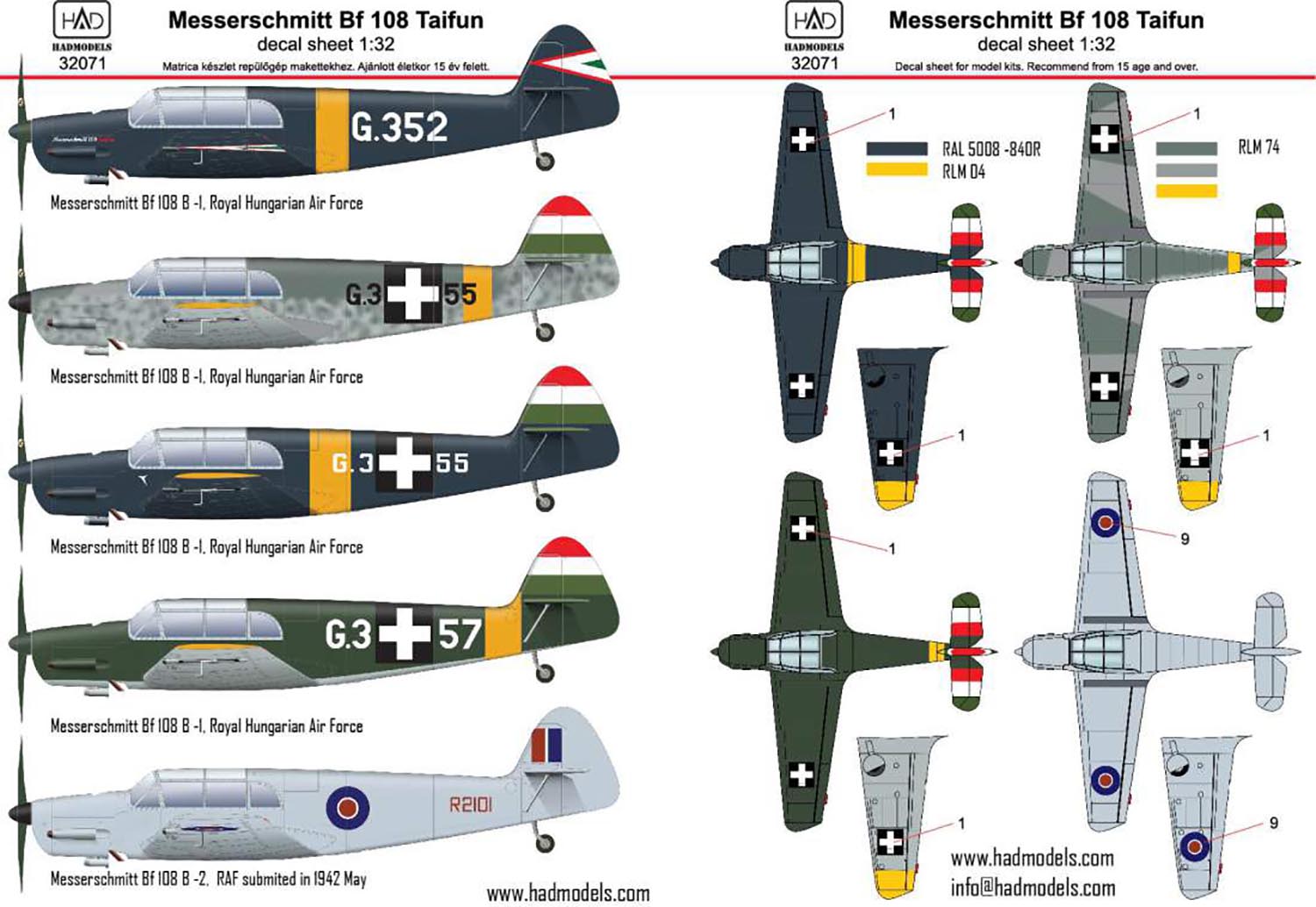 1/32 WWII ハンガリー空軍 メッサーシュミット Bf-108 タイフーン デカール