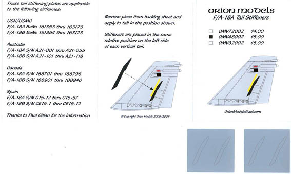 Orion Scale Models 1/48 F/A-18A tail Stiffeners