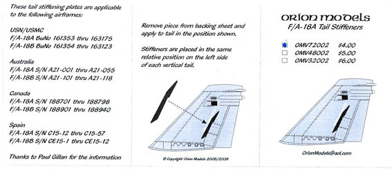 Orion Scale Modles 1/72 F/A-18A Tail Stiffeners